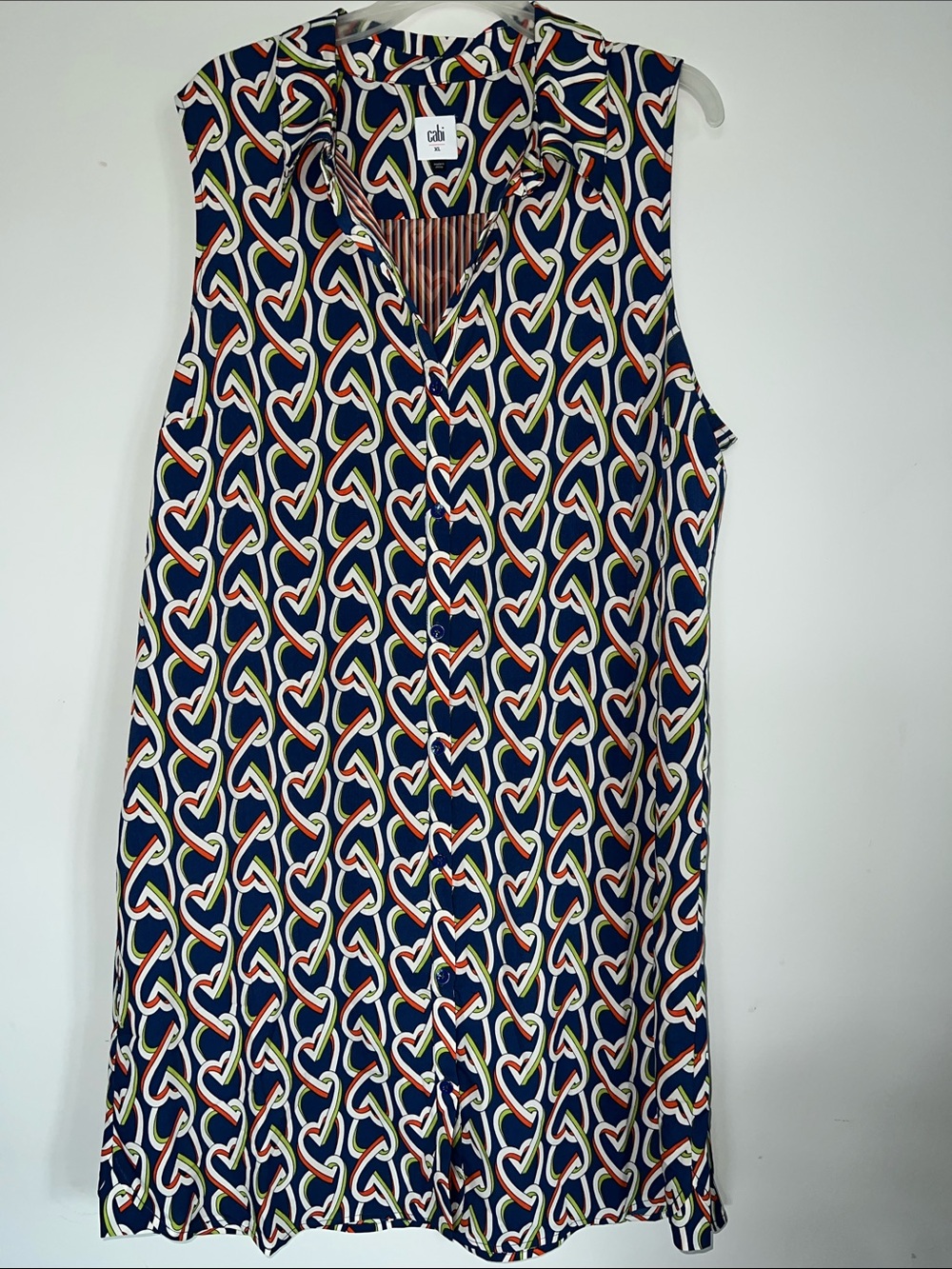 CAbi Navy Multicolor Sleeveless V-Neck Heart-Link Print dress button front xl